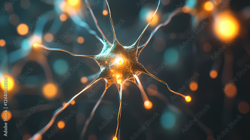 Poster microscopic neuron: a detailed microscopic view of a neuron, its dendrites and synapses glowing with