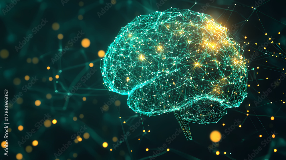 Poster illuminated mind: abstract representation of a human brain, rendered in glowing teal and gold networ