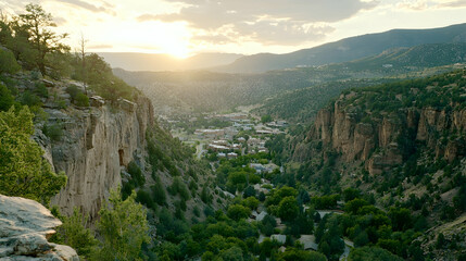 Obraz premium Sunset over mountain town valley, scenic cliffside view, tranquil landscape, tourism brochure
