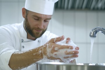 A chef washing his hands in a kitchen sink, suitable for food and health related concepts