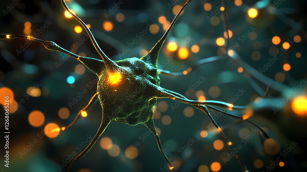 Poster neuron network: a vibrant digital illustration depicting a neuron cell with intricate branching dend