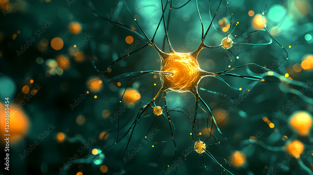 Aufkleber neural network glowing: microscopic view of a vibrant neuron, its dendrites and axon glowing with an
