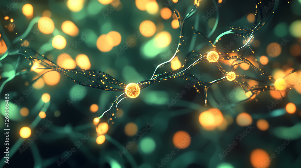 Poster neural network glowing: microscopic view of a neural network, glowing with vibrant teal and amber li