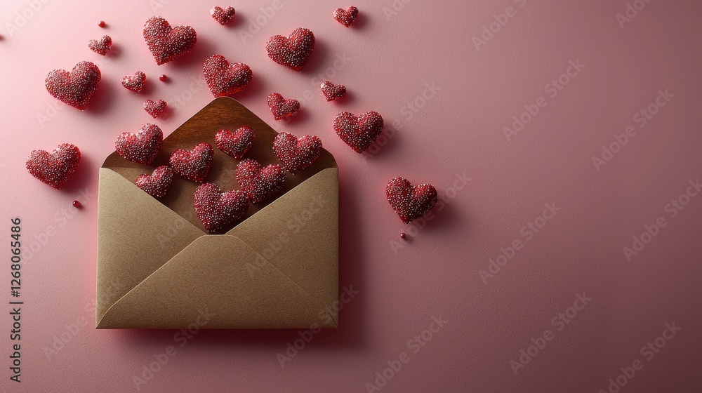 Poster an envelope overflowing with sparkling heart shapes on a pink background.