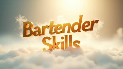 Dynamic bartending skills highlighted in artistic typography against a cloud backdrop