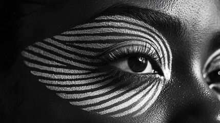 Intricate black and white makeup design highlights expressive eye features