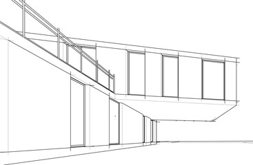 Modern Architectural Wireframe Sketch &ndash; Vector Blueprint of Contemporary Building