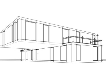 Fototapeta premium Modern Architectural Wireframe Sketch – Vector Blueprint of Contemporary Building