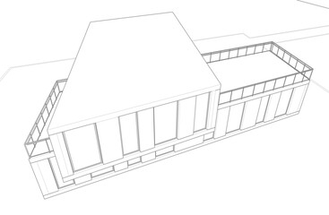 Modern Architectural Wireframe Sketch – Vector Blueprint of Contemporary Building