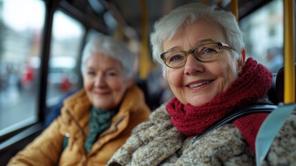 Two senior ladies sitting together on a public transportation vehicle, possibly heading to a social event or destination