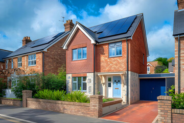 A row of solar-penel English homes in red brick.