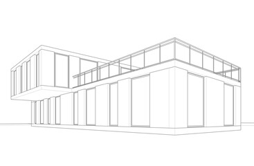 Modern Architectural Wireframe Sketch &ndash; Vector Blueprint of Contemporary Building