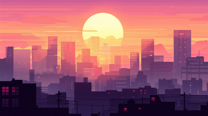Obraz premium Stylized city skyline at sunset with warm pastel hues