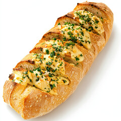 baguette, garlic bread, cheesy garlic bread, stuffed baguette on white background