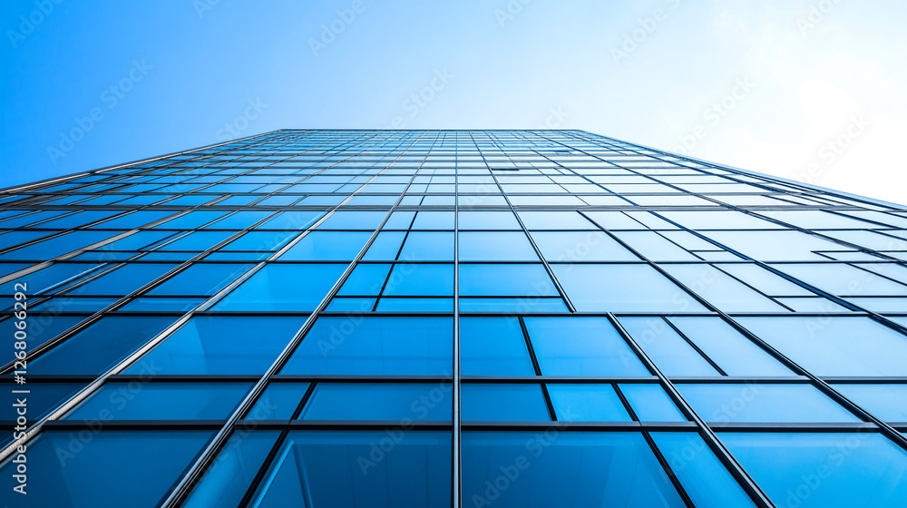Poster low-angle view of a modern glass skyscraper with a clear blue sky, symbolizing architectural design,