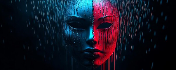 Mystical mask dripping with red and blue rain, one side serene, the other chaotic, dark fantasy aesthetics