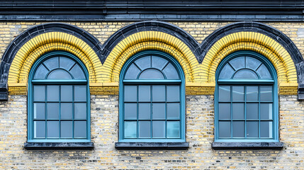 Obraz premium Three arched windows, teal frames, yellow brick building, urban background, architectural design