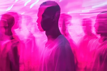 A group of men standing together in front of a vibrant pink light, possibly for a gathering or celebration