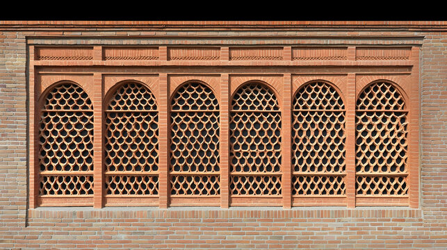 Five arched terracotta windows, brick wall, intricate lattice, Middle Eastern architecture, design inspiration