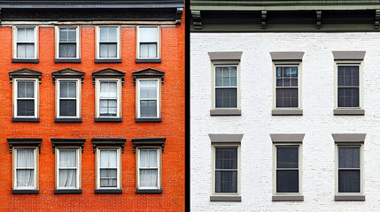 Fototapeta premium Urban cityscape contrasting brick and white buildings, city street background, real estate brochure