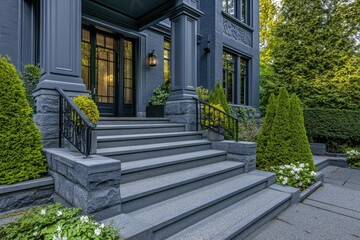Obraz premium A close-up of a black house with well-lit steps leading up to the front door