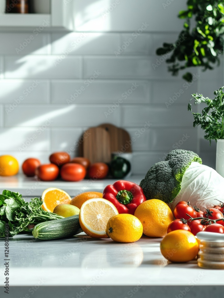 Poster fresh vegetables and fruits arranged on a kitchen countertop with sunlight streaming through a windo