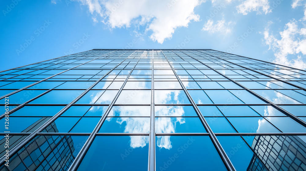 Poster low-angle view of a modern glass building reflecting the sky and clouds, symbolizing architectural d