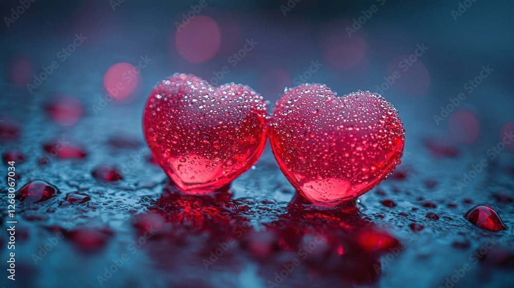 Poster two red heart-shaped objects with droplets on a reflective surface.