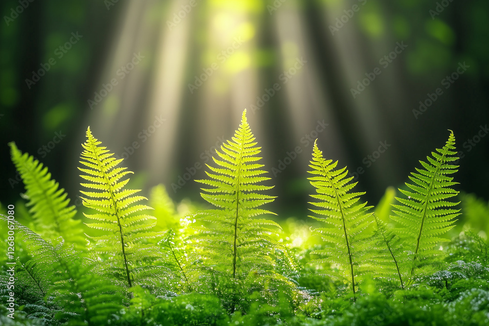 Poster sunlight filters through trees illuminating ferns in a tranquil forest glade at dawn