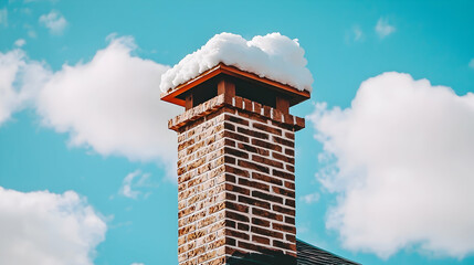 Snow-capped brick chimney against a vibrant blue sky, winter home exterior, used for real estate or weather imagery