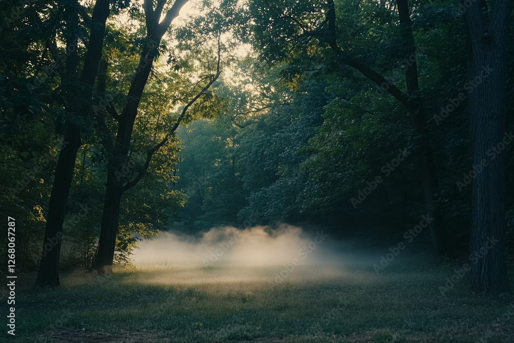 Poster tranquil forest clearing at dawn with mist creating a serene atmosphere for reflection