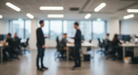 A vibrant office environment with casually dressed employees and a warm, blurred bokeh background.