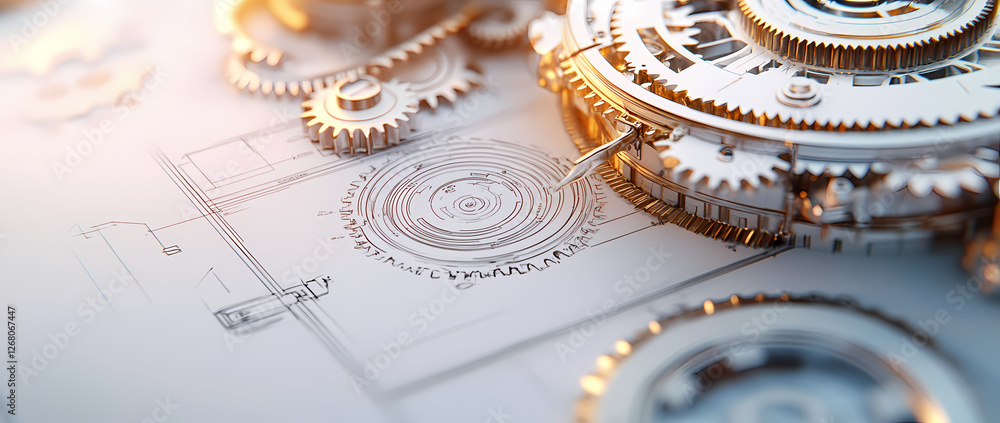 Poster precision engineering: a close-up image of intricate gears, shafts, and a cogwheel system placed upo