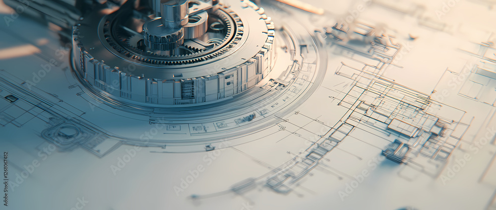 Poster architectural model on blueprint: a close-up shot of a detailed architectural model resting on a blu