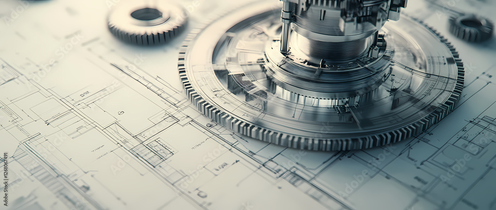 Poster industrial cogs: a close-up view of a intricate, metallic gear mechanism against a backdrop of archi