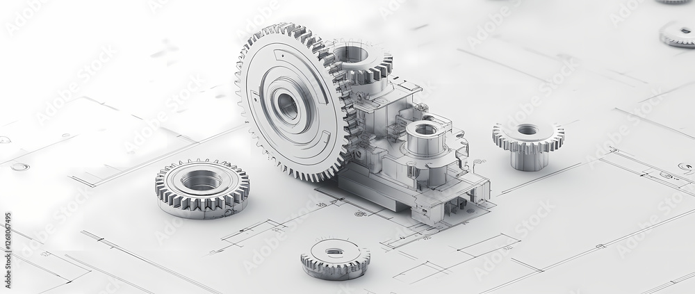 Aufkleber precision in motion: a close-up of intricate metallic gears and components, resting on a blueprint b