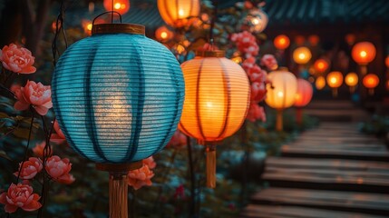 Fototapeta premium Illuminated Lanterns Adorn Festive Garden Pathway