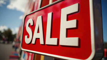 Bright red sale sign capturing attention with bold letters in a vibrant store environment