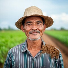 Fototapeta premium Portrait of a farmer, one side experiencing life-giving rain, the other destroyed by drought