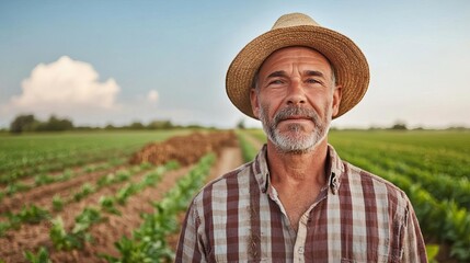 Fototapeta premium Portrait of a farmer, one side experiencing life-giving rain, the other destroyed by drought