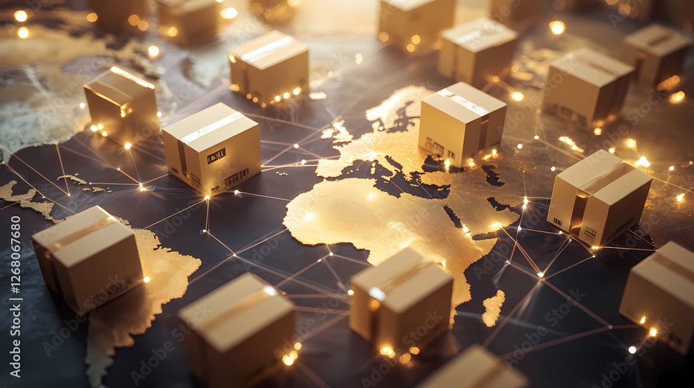 Aufkleber global logistics network: cardboard boxes illuminate a world map, symbolizing the interconnectedness