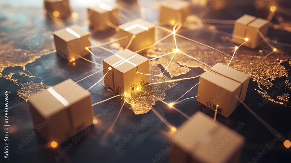 Aufkleber global trade network: a world map illuminated by glowing lines connecting cardboard boxes, symbolizi