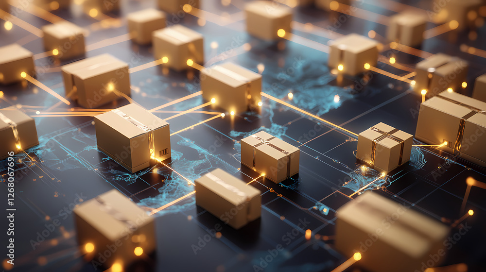 Poster global logistics network: a network of interconnected cardboard boxes representing global trade and 