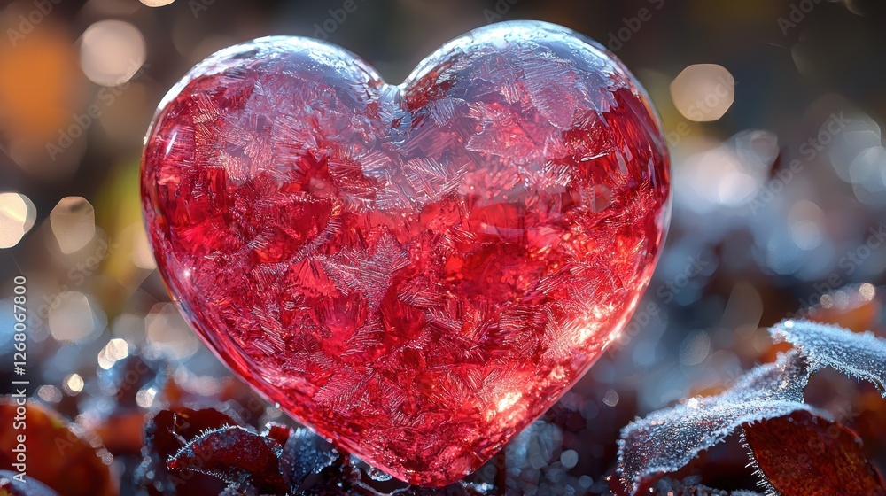 Poster a shimmering red heart-shaped object on a textured surface.