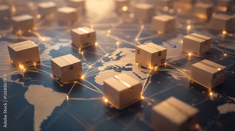 Poster global logistics network: cardboard boxes interconnected on a world map, symbolizing efficient globa