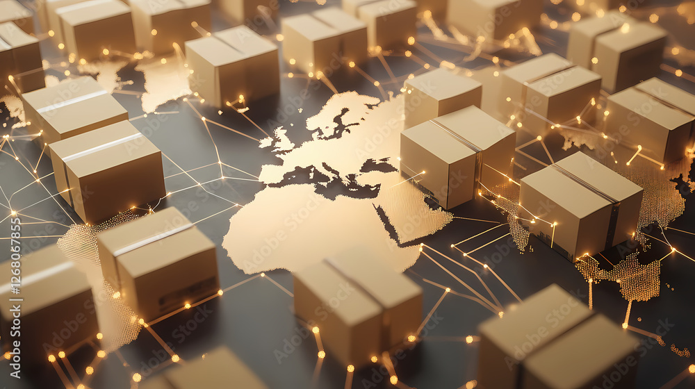 Poster global delivery network: cardboard boxes arranged on a world map, interconnected by glowing lines, s