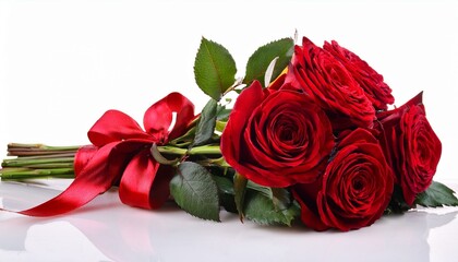 red rose bouquet with ribbon on white background