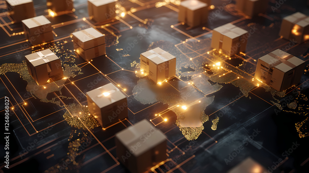 Poster global trade network: boxes glowing with warm light represent the interconnectedness of global trade