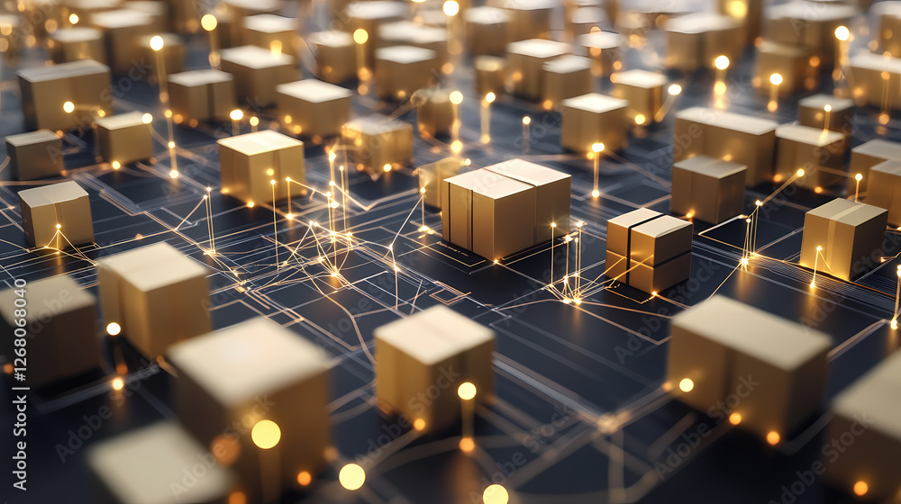 Poster interconnected network: a futuristic abstract background of golden cubes linked together by glowing 