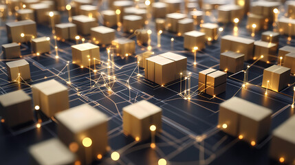 Interconnected Network: A futuristic abstract background of golden cubes linked together by glowing lines, depicting the interconnectedness of technology and information flow.
